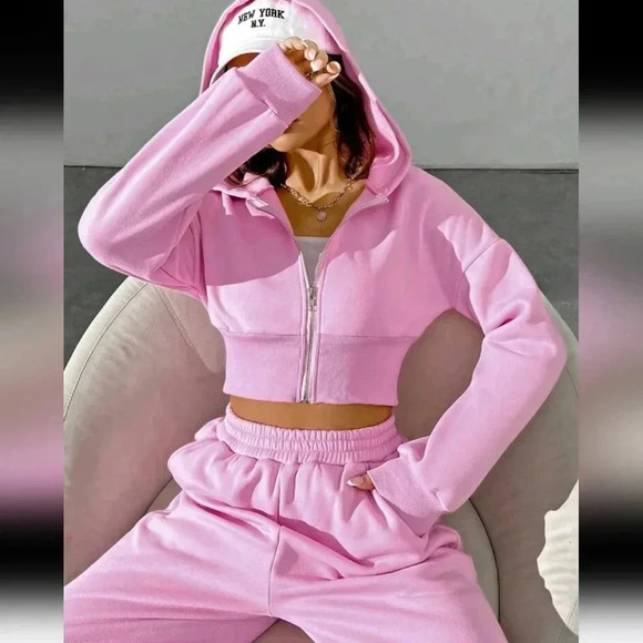 Women's Spring Fashionable Pink Zip Front Hooded Sweatshirt And Pants Two Piece - Picture 4 of 7